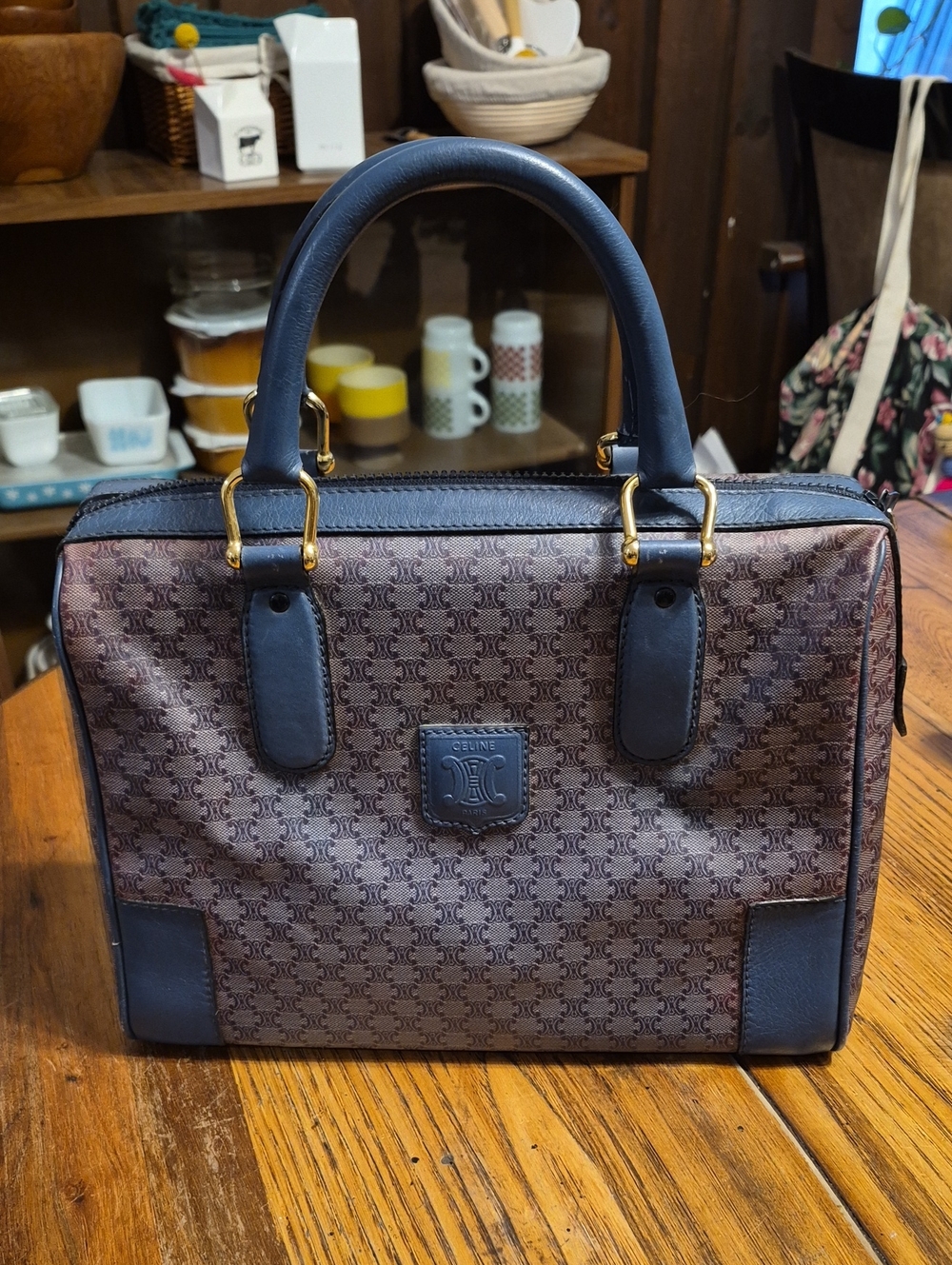 Celine Brown Monogram Tote with Navy Leather Trim